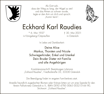 Traueranzeige von Eckhard Karl Raudies von Neue Westfälische