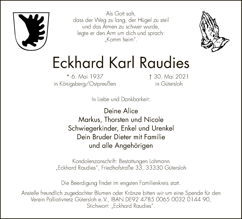  Traueranzeige für Eckhard Karl Raudies vom 05.06.2021 aus Neue Westfälische