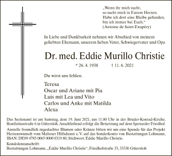 Traueranzeige von Eddie Murillo Christie von Neue Westfälische