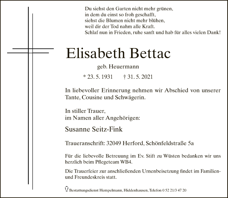  Traueranzeige für Elisabeth Bettac vom 12.06.2021 aus Neue Westfälische