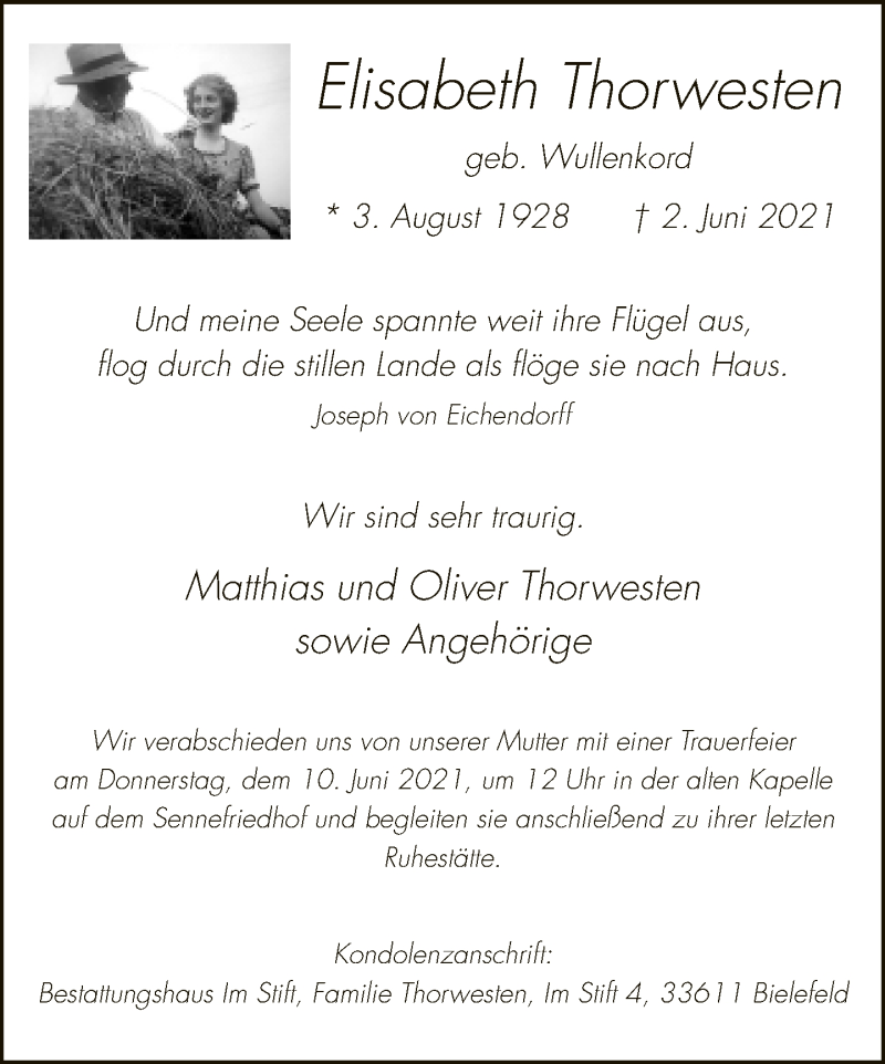  Traueranzeige für Elisabeth Thorwesten vom 09.06.2021 aus Neue Westfälische