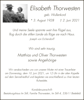 Traueranzeige von Elisabeth Thorwesten von Neue Westfälische