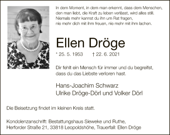 Traueranzeige von Ellen Dröge von Neue Westfälische