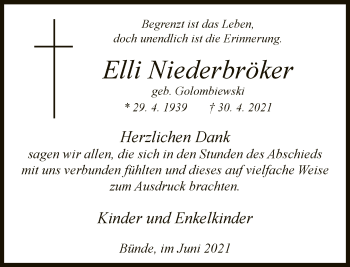 Traueranzeige von Elli Niederbröker von Neue Westfälische