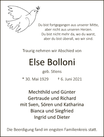 Traueranzeige von Else Bolloni von Neue Westfälische