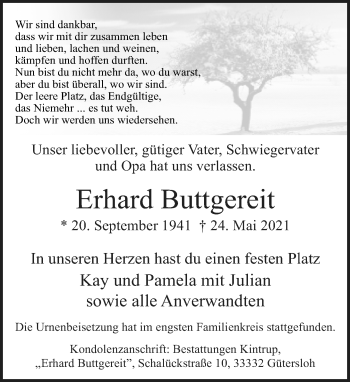Traueranzeige von Erhard Buttgereit von Neue Westfälische