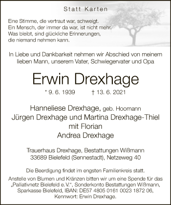 Traueranzeige von Erwin Drexhage von Neue Westfälische