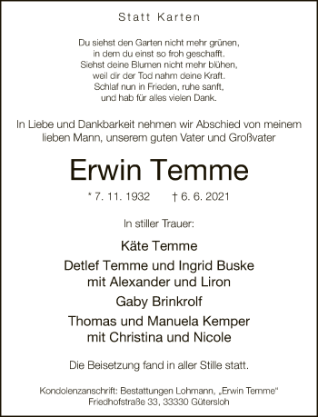 Traueranzeige von Erwin Temme von Neue Westfälische