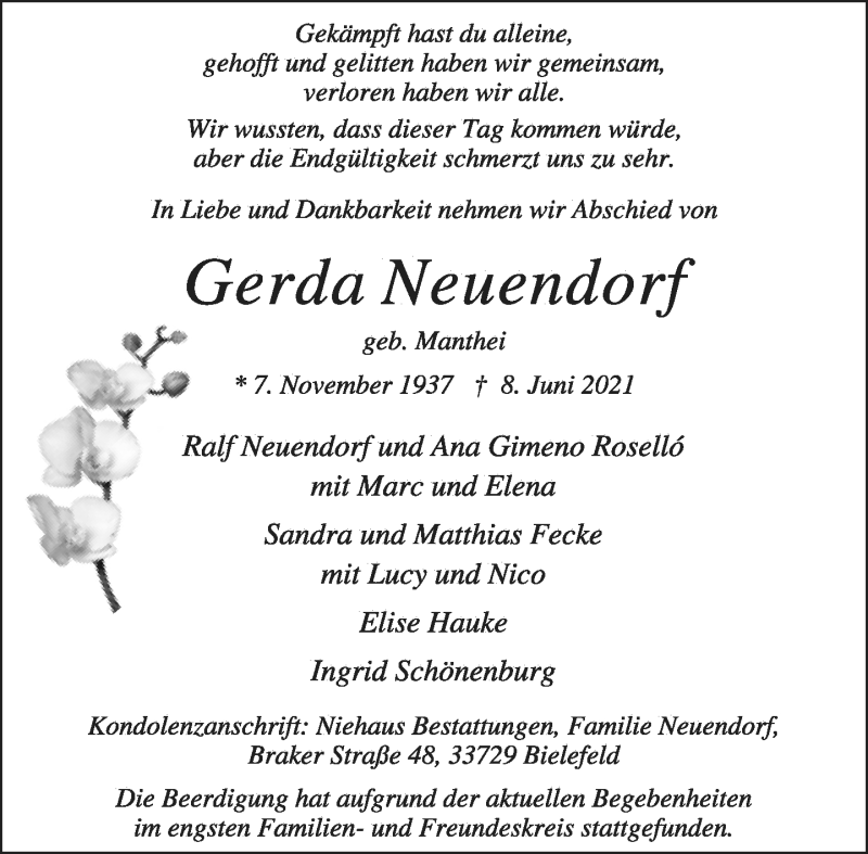  Traueranzeige für Gerda Neuendorf vom 12.06.2021 aus Neue Westfälische
