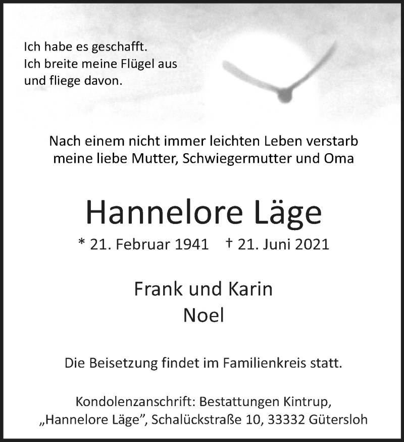  Traueranzeige für Hannelore Läge vom 23.06.2021 aus Neue Westfälische
