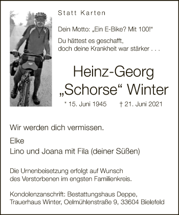 Traueranzeige von Heinz-Georg Winter von Neue Westfälische
