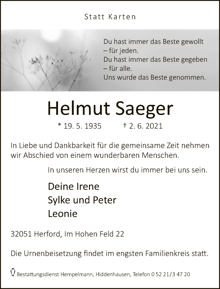  Traueranzeige für Helmut Saeger vom 05.06.2021 aus Neue Westfälische