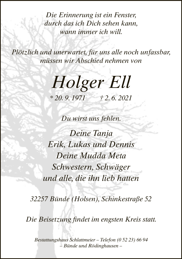  Traueranzeige für Holger Ell vom 12.06.2021 aus Neue Westfälische