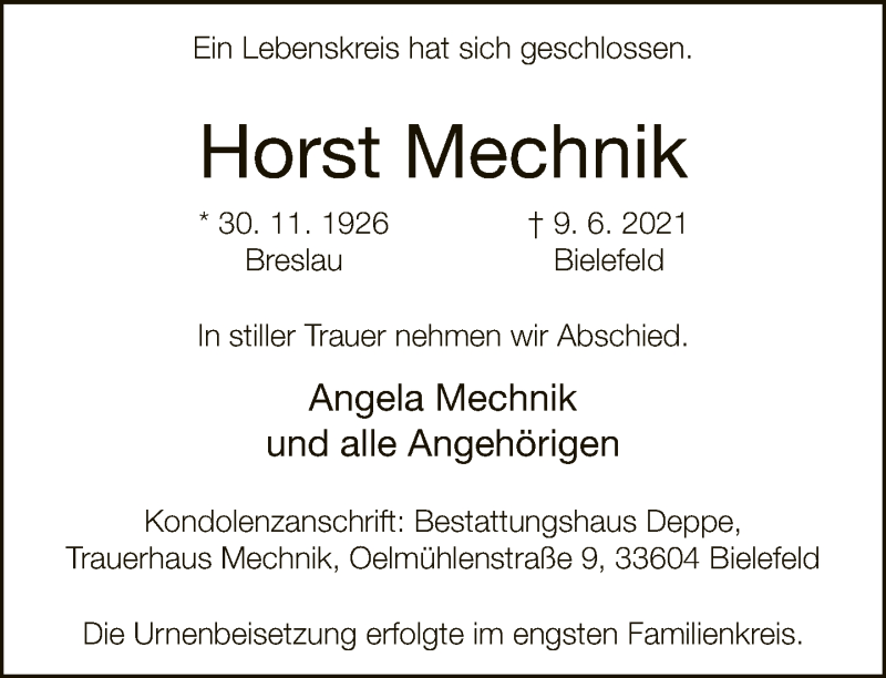  Traueranzeige für Horst Mechnik vom 26.06.2021 aus Neue Westfälische