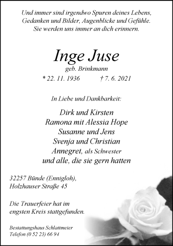 Traueranzeige von Inge Juse von Neue Westfälische