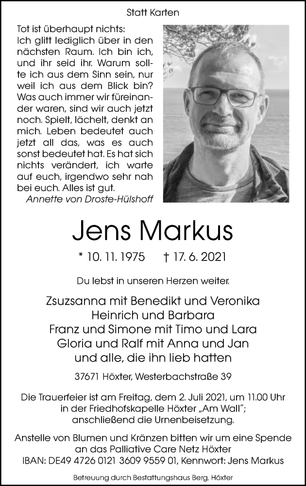  Traueranzeige für Jens Markus vom 26.06.2021 aus Neue Westfälische
