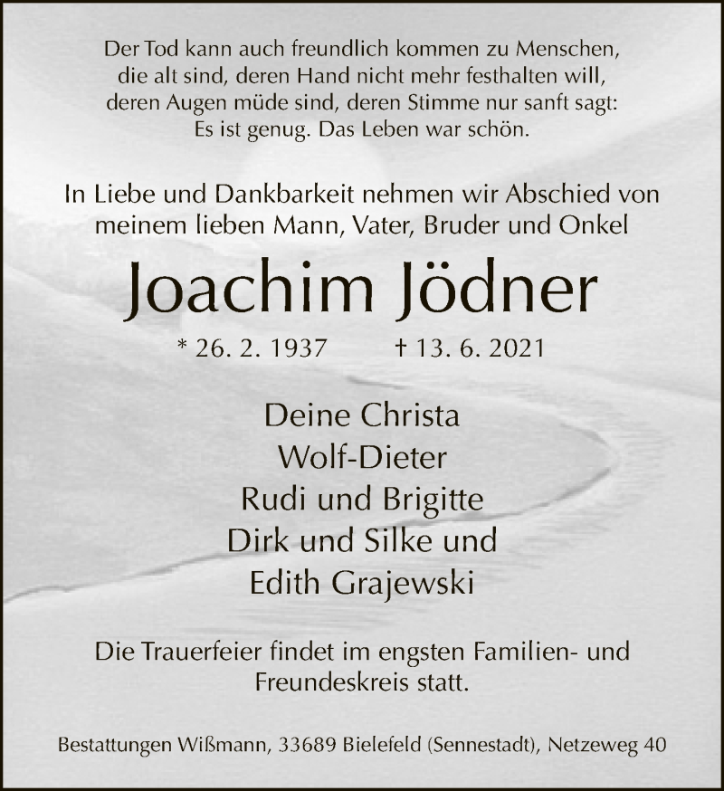  Traueranzeige für Joachim Jödner vom 19.06.2021 aus Neue Westfälische