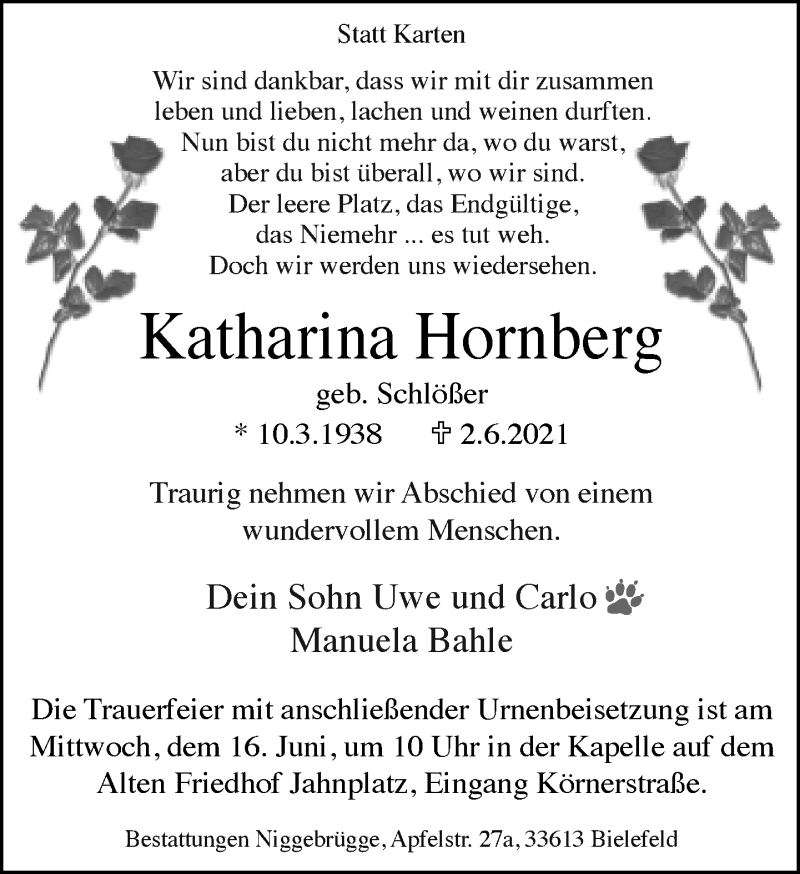  Traueranzeige für Katharina Hornberg vom 05.06.2021 aus Neue Westfälische