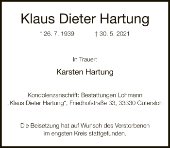 Traueranzeige von Klaus Dieter Hartung von Neue Westfälische