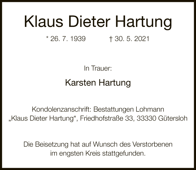  Traueranzeige für Klaus Dieter Hartung vom 09.06.2021 aus Neue Westfälische
