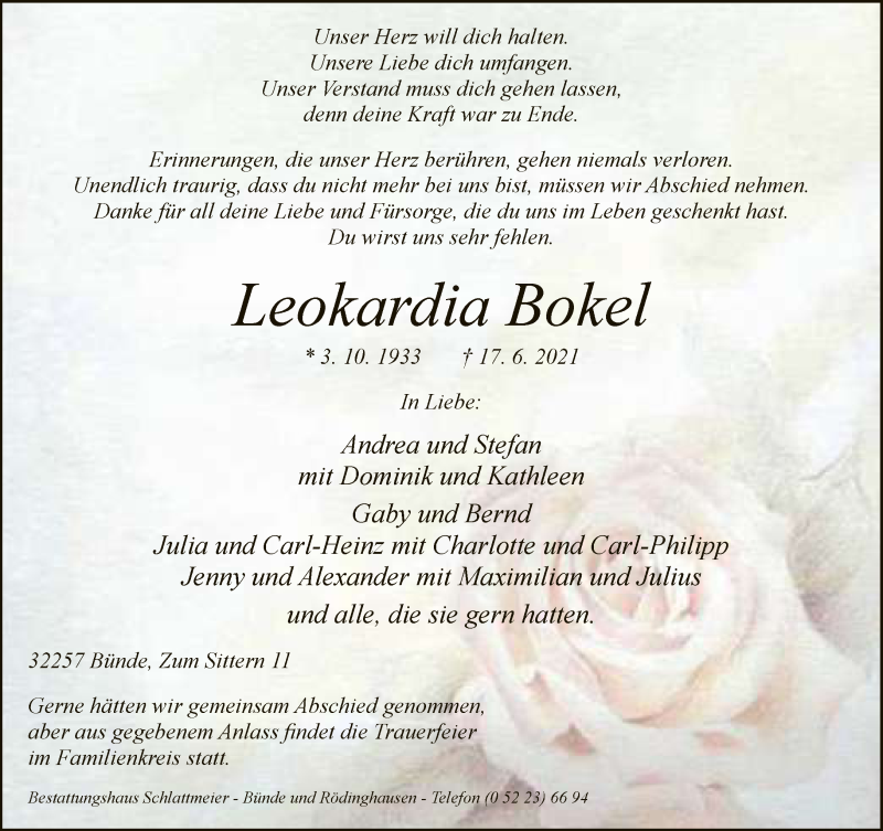  Traueranzeige für Leokardia Bokel vom 19.06.2021 aus Neue Westfälische