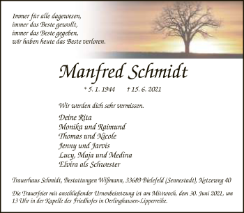 Traueranzeige von Manfred Schmidt von Neue Westfälische