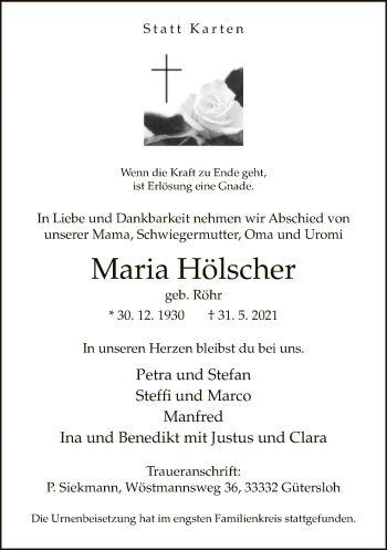 Traueranzeige von Maria Hölscher von Neue Westfälische