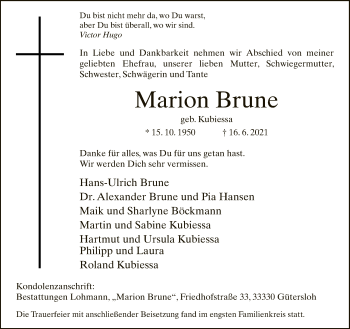 Traueranzeige von Marion Brune von Neue Westfälische