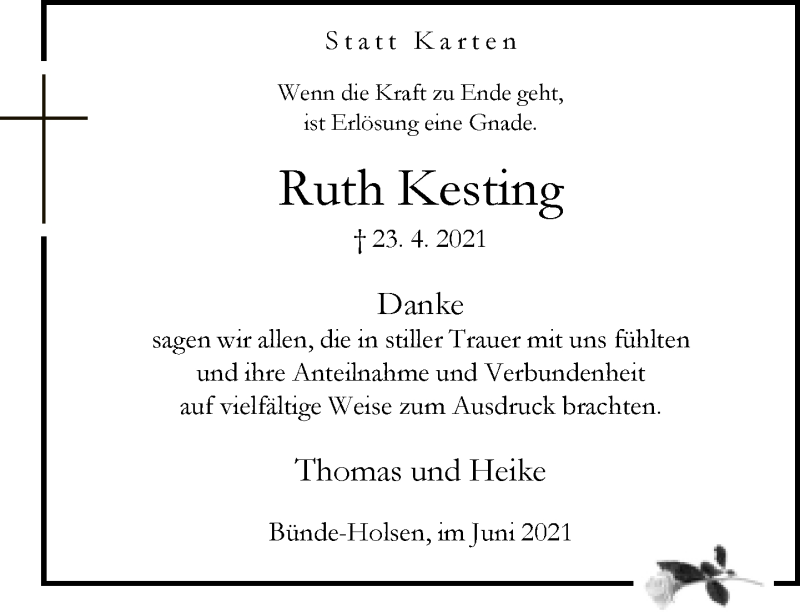  Traueranzeige für Ruth Kesting vom 05.06.2021 aus Neue Westfälische