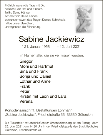 Traueranzeige von Sabine Jackiewicz von Neue Westfälische