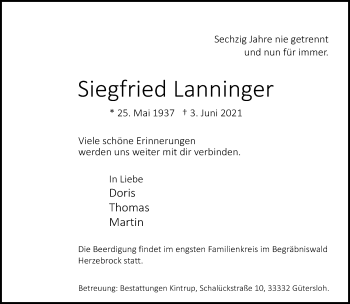 Traueranzeige von Siegfried Lanninger von Neue Westfälische