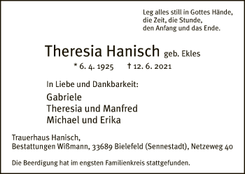 Traueranzeige von Theresia Hanisch von Neue Westfälische