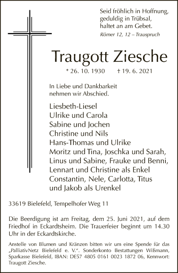 Traueranzeige von Traugott Ziesche von Neue Westfälische