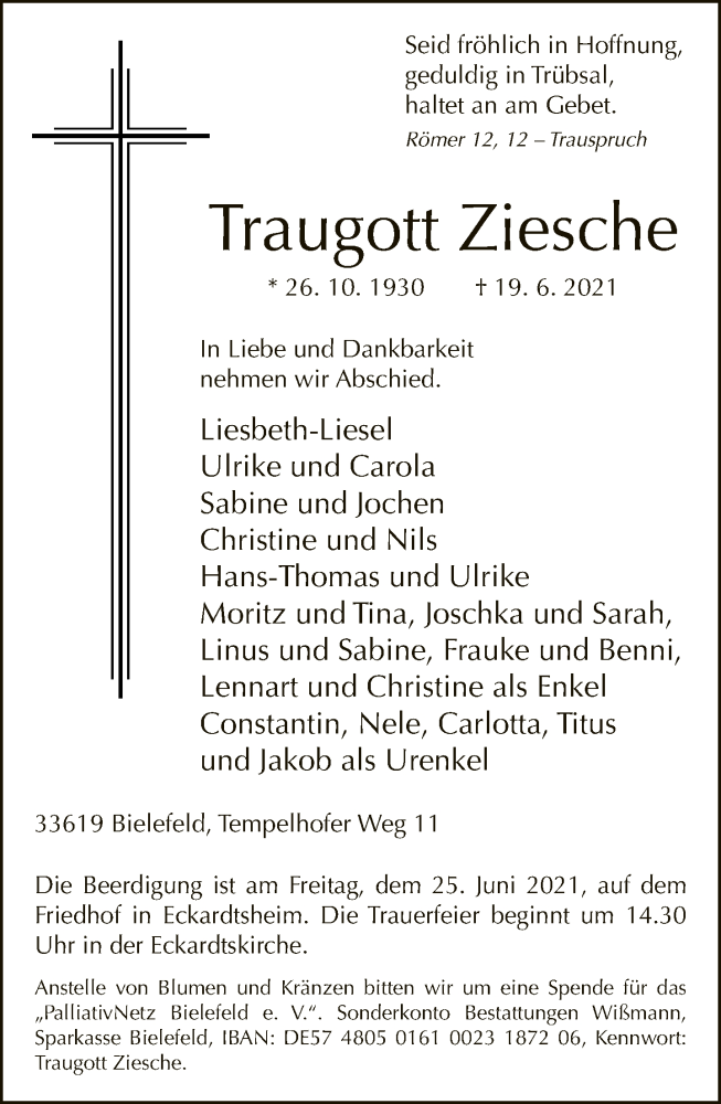  Traueranzeige für Traugott Ziesche vom 23.06.2021 aus Neue Westfälische