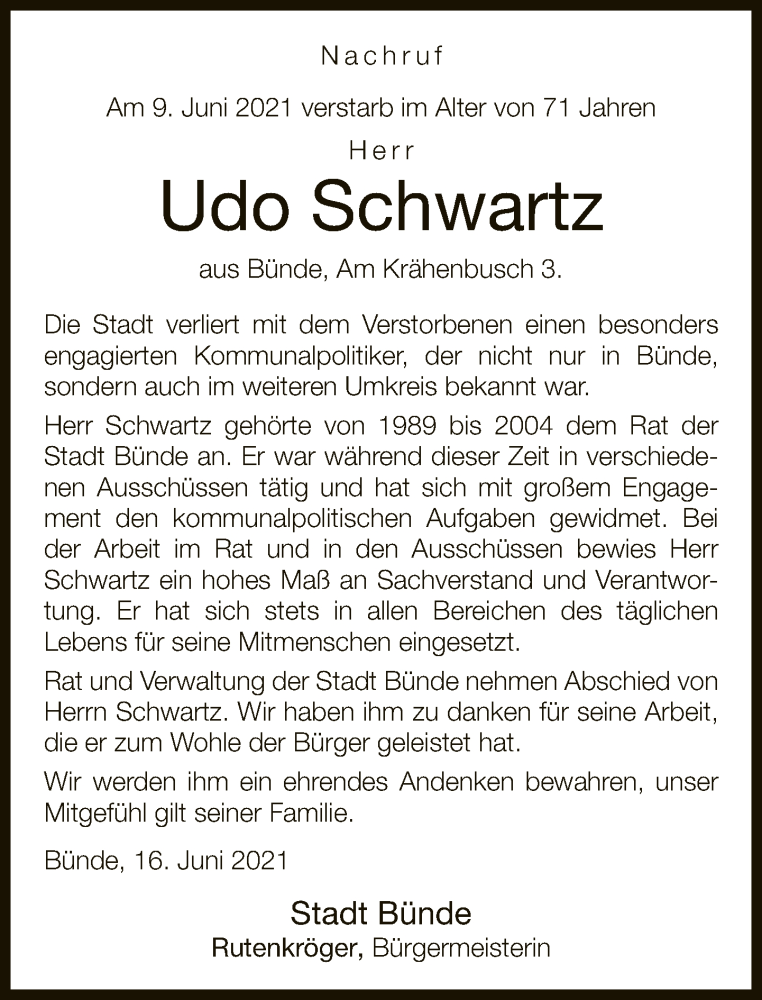  Traueranzeige für Udo Schwartz vom 17.06.2021 aus Neue Westfälische