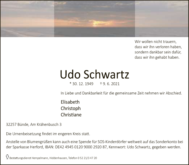  Traueranzeige für Udo Schwartz vom 12.06.2021 aus Neue Westfälische