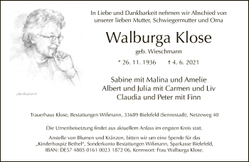 Traueranzeige von Walburga Klose von Neue Westfälische