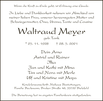 Traueranzeige von Waltraud Meyer von Neue Westfälische