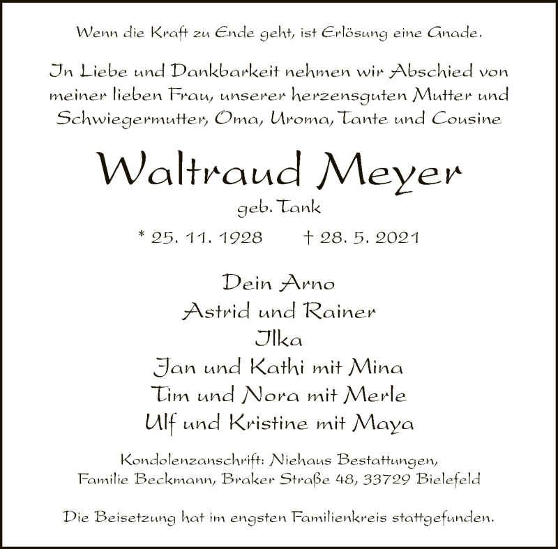  Traueranzeige für Waltraud Meyer vom 12.06.2021 aus Neue Westfälische