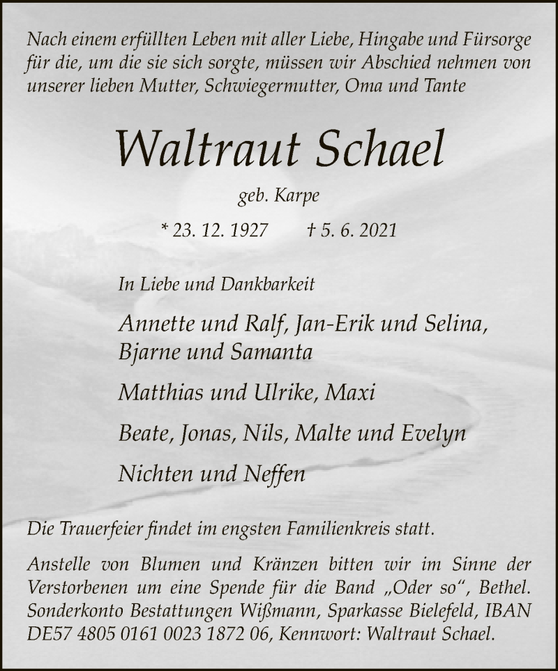  Traueranzeige für Waltraut Schael vom 12.06.2021 aus Neue Westfälische