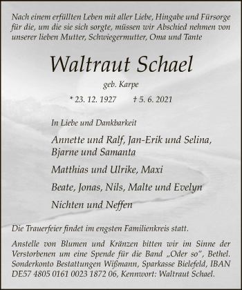 Traueranzeige von Waltraut Schael von Neue Westfälische