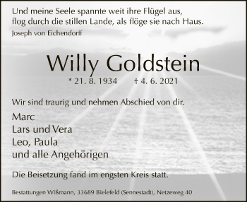 Traueranzeige von Willy Goldstein von Neue Westfälische