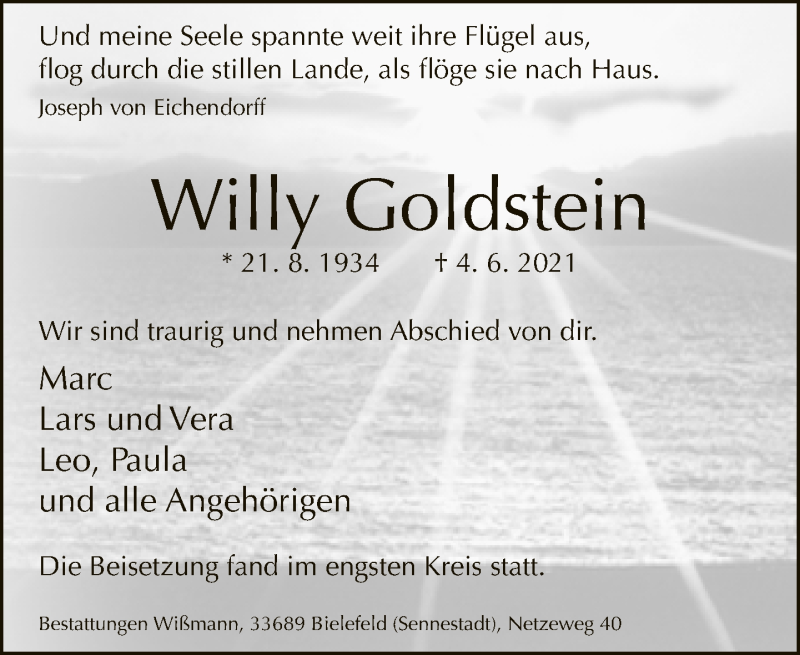  Traueranzeige für Willy Goldstein vom 19.06.2021 aus Neue Westfälische