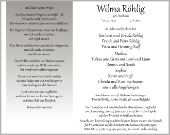 Traueranzeige von Wilma Röhlig von Neue Westfälische