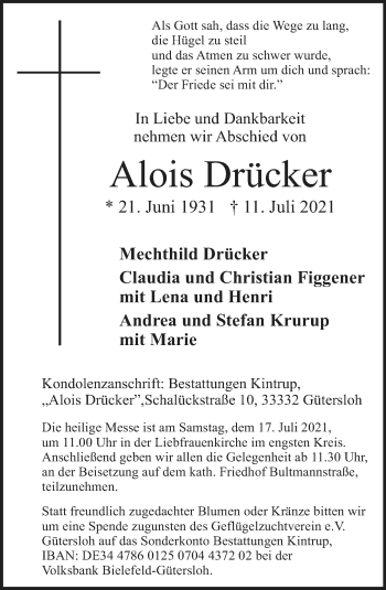 Traueranzeige von Alois Drücker von Neue Westfälische