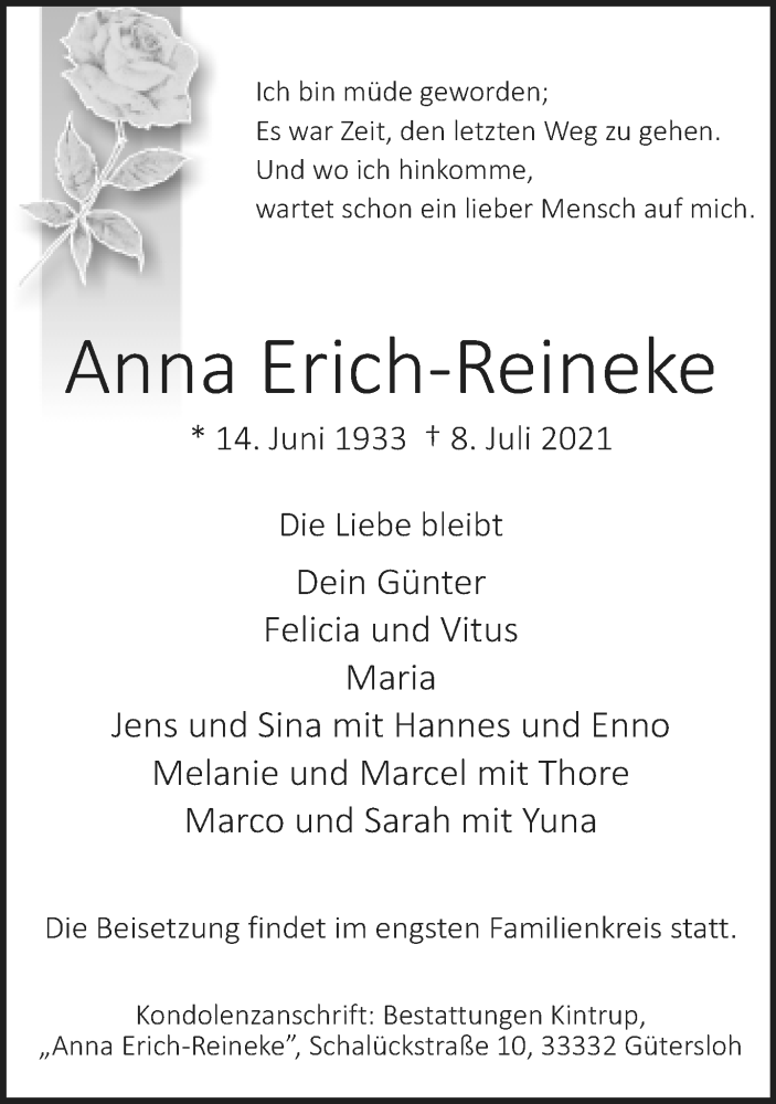  Traueranzeige für Anna Erich-Reineke vom 10.07.2021 aus Neue Westfälische