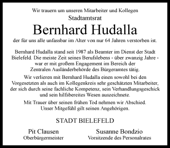 Traueranzeige von Bernhard Hudalla von Neue Westfälische