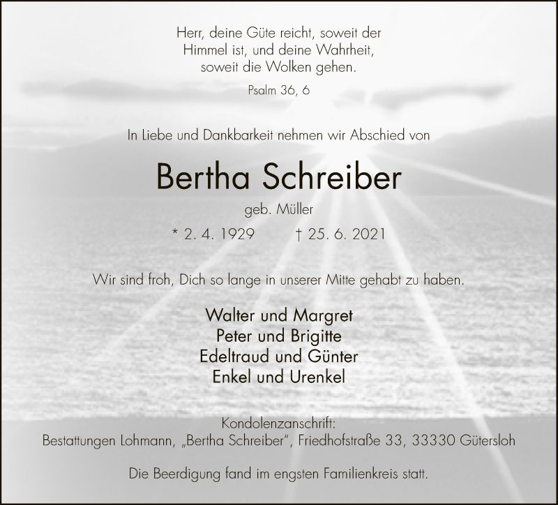  Traueranzeige für Bertha Schreiber vom 03.07.2021 aus Neue Westfälische