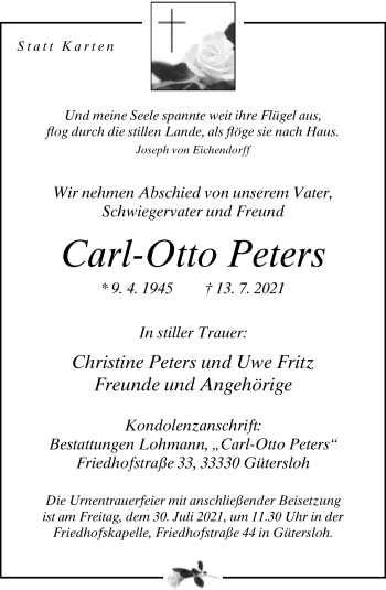 Traueranzeige von Carl-Otto Peters von Neue Westfälische