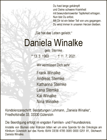 Traueranzeige von Daniela Winalke von Neue Westfälische